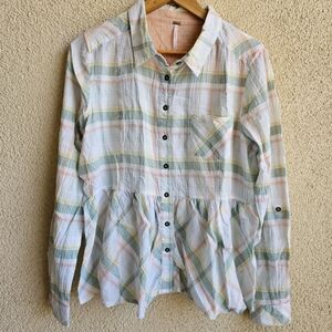 Free People Plaid Peplum top Women's Large button-down with Roll Tab sleeves